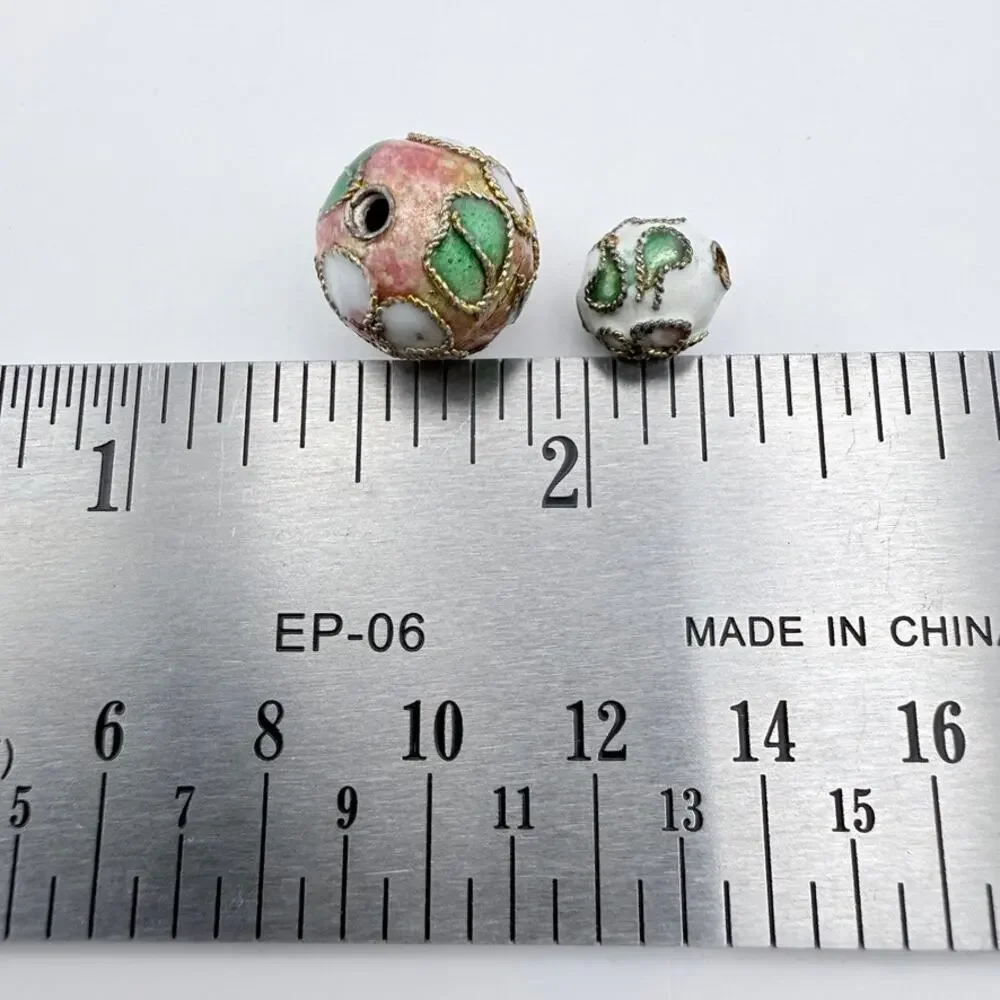 Lot of 7 Vintage Cloisonné Beads Green Pink Enamel Gold Tone Jewelry Making